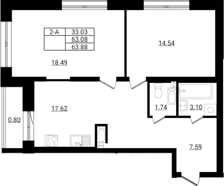 2-комнатная квартира 63.88 м², 6/9 эт., ЖК «Эко Гармония»